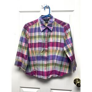 Spencer Jeremy Shirt 100% Silk Plaid Multicolor Y2K Button Front Women’s Size 6